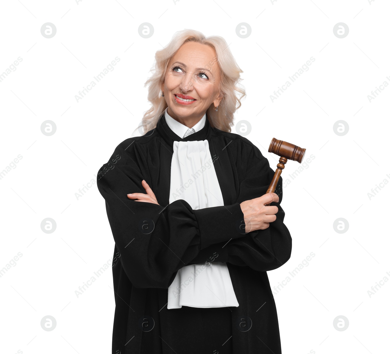 Photo of Smiling senior judge with gavel on white background