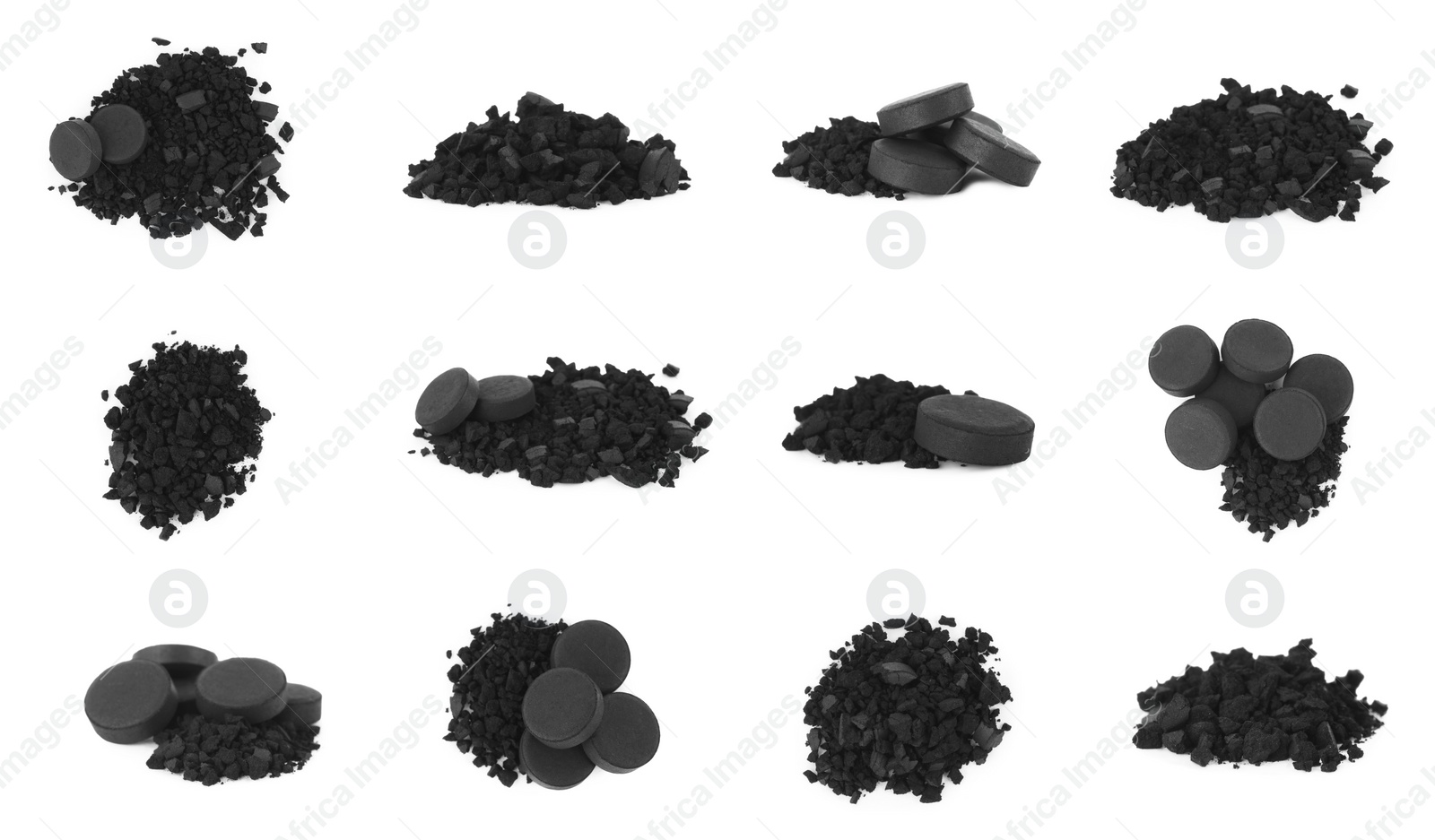 Image of Set with activated charcoal pills on white background. Potent sorbent