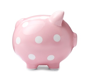 Photo of Pink piggy bank on white background. Money saving