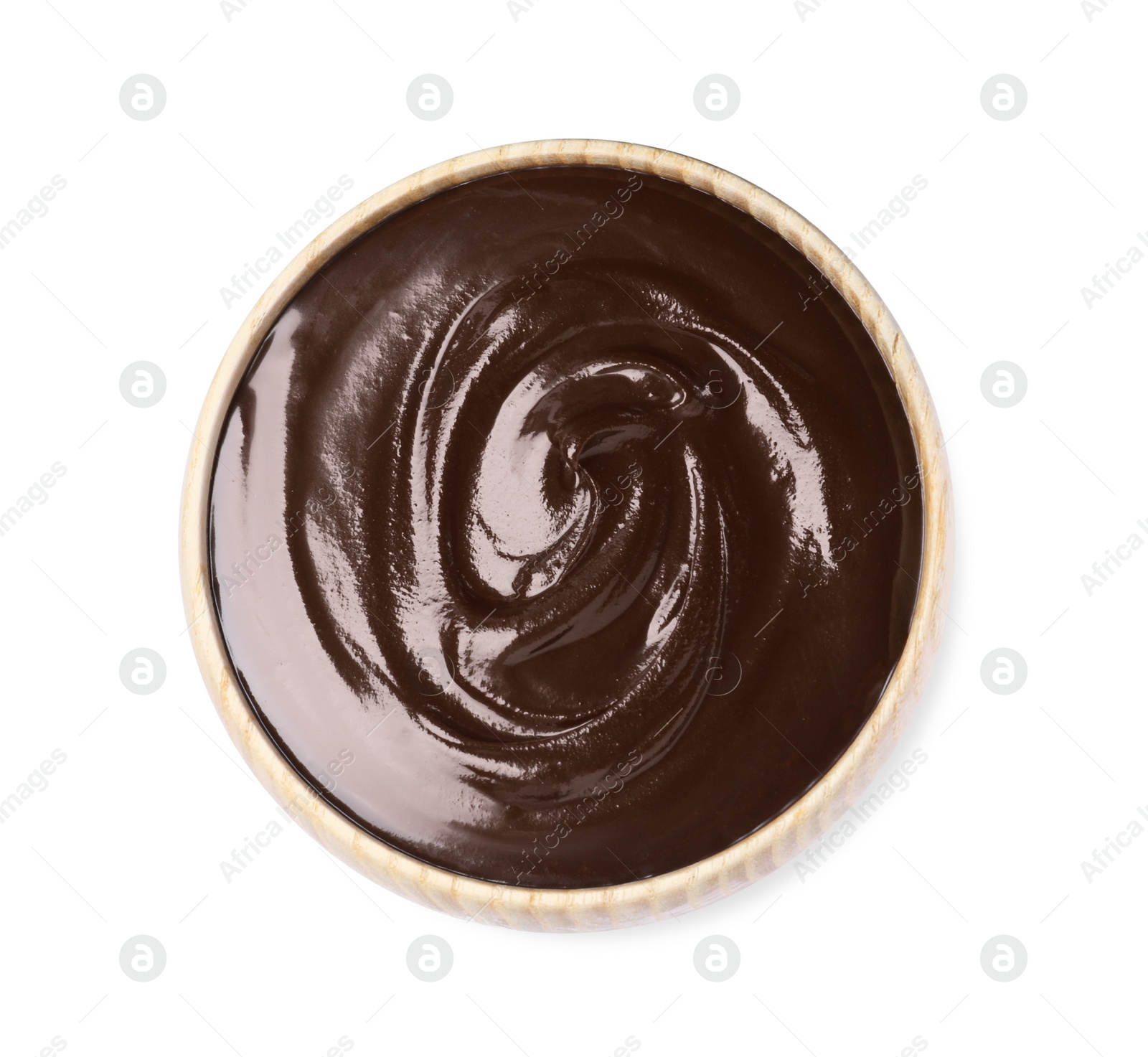 Photo of Delicious chocolate cream in bowl on white background, top view