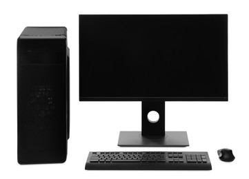 Modern computer monitor with black screen, system unit, keyboard and mouse on white background