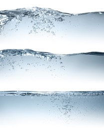 Image of Collage with different beautiful water waves on white background