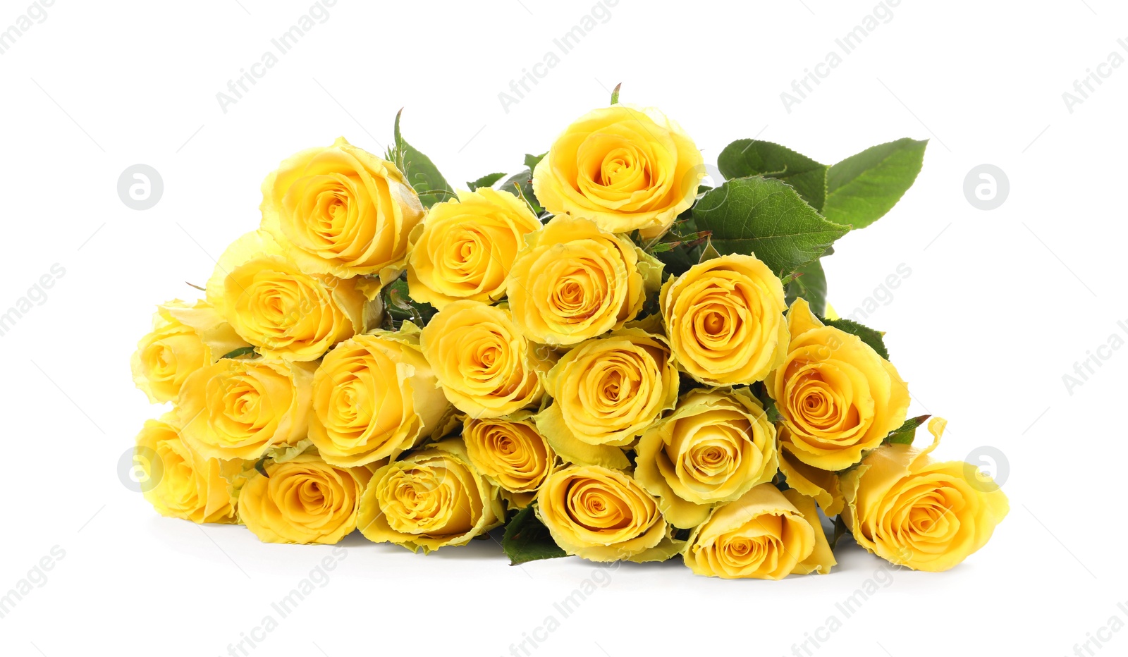 Photo of Beautiful bouquet of yellow roses isolated on white