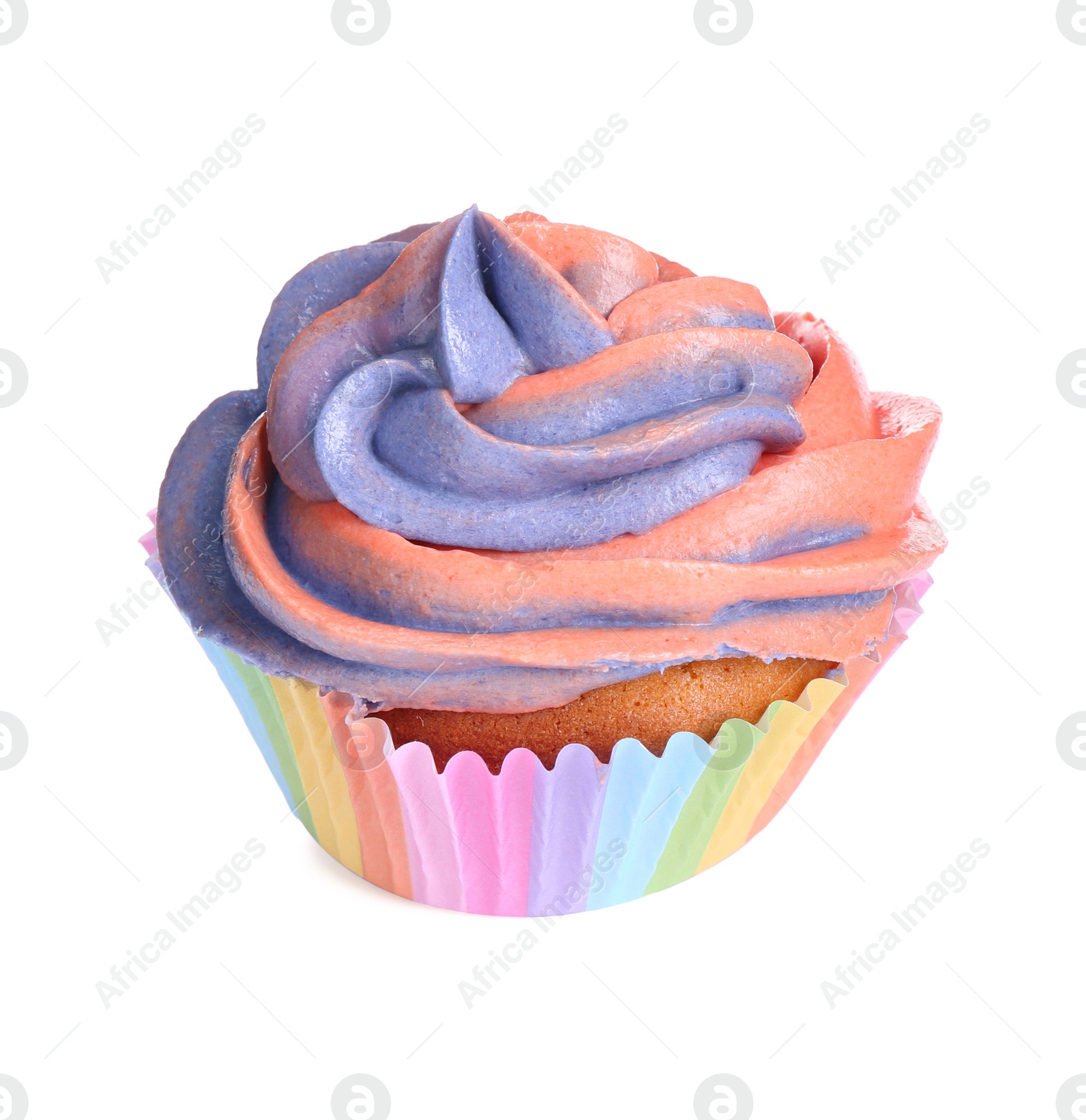 Photo of Delicious cupcake with bright cream isolated on white