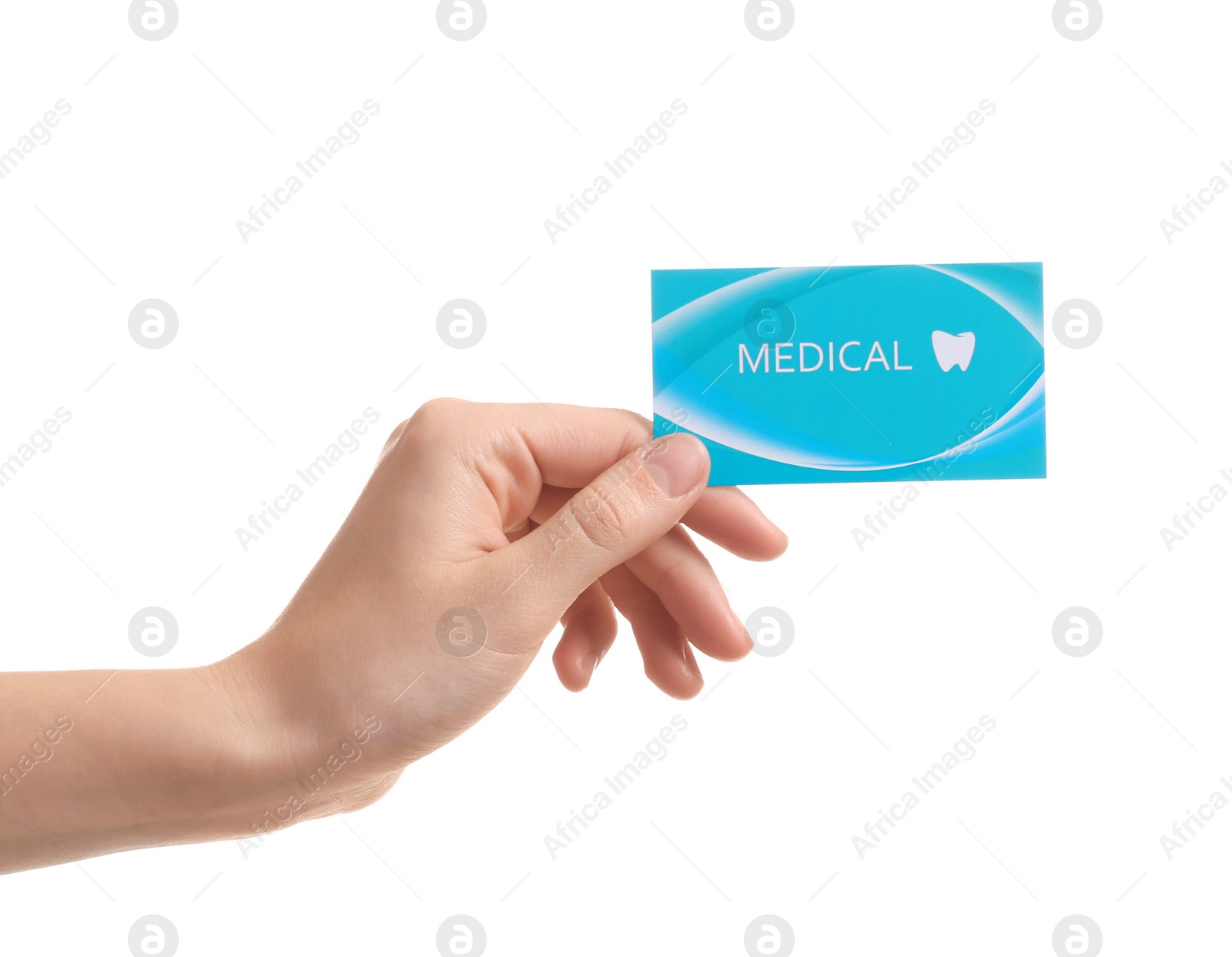 Photo of Woman holding business card isolated on white, closeup. Dental medical service