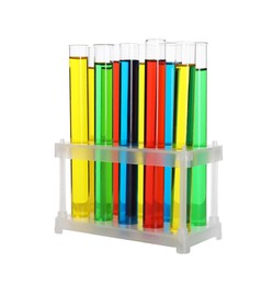 Photo of Many test tubes with colorful liquids in stand isolated on white