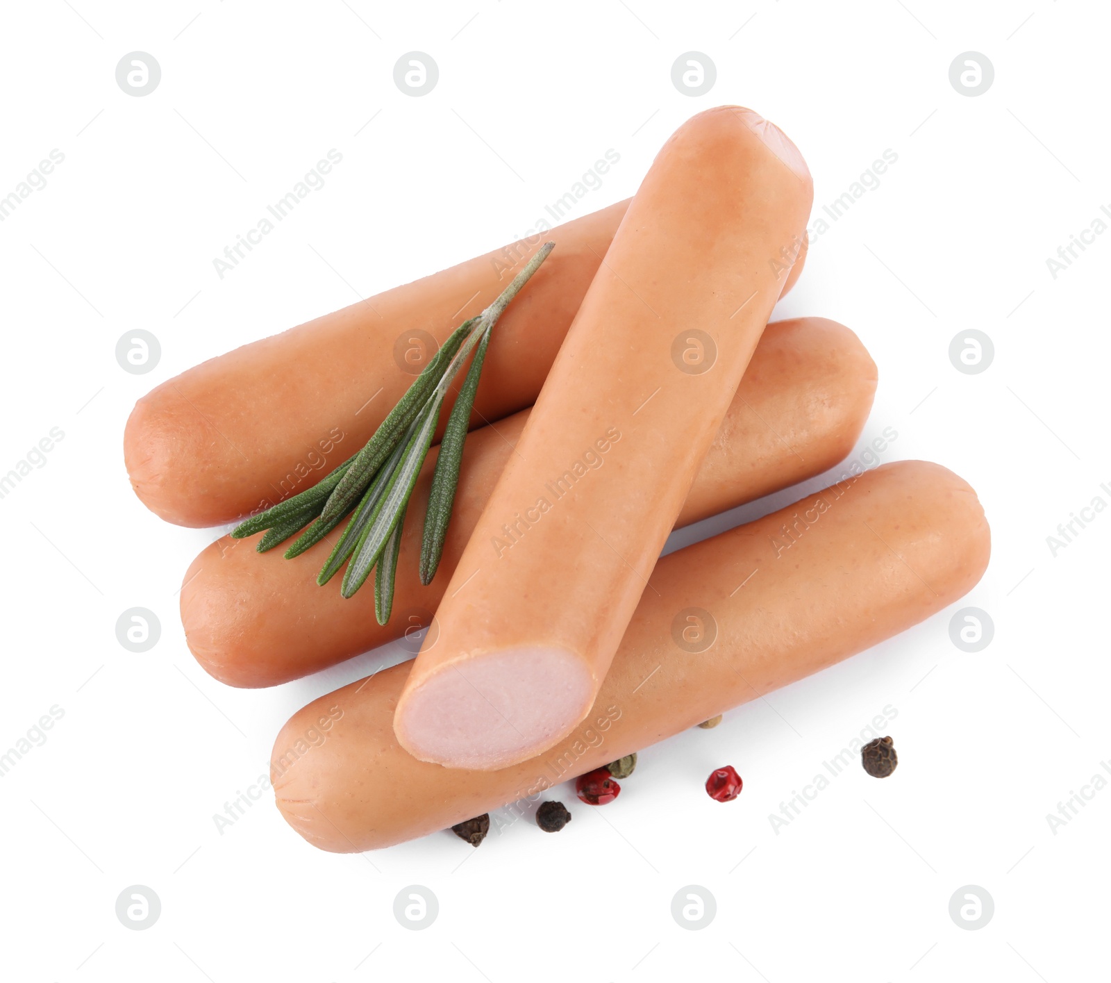 Photo of Tasty sausages on white background. Meat product