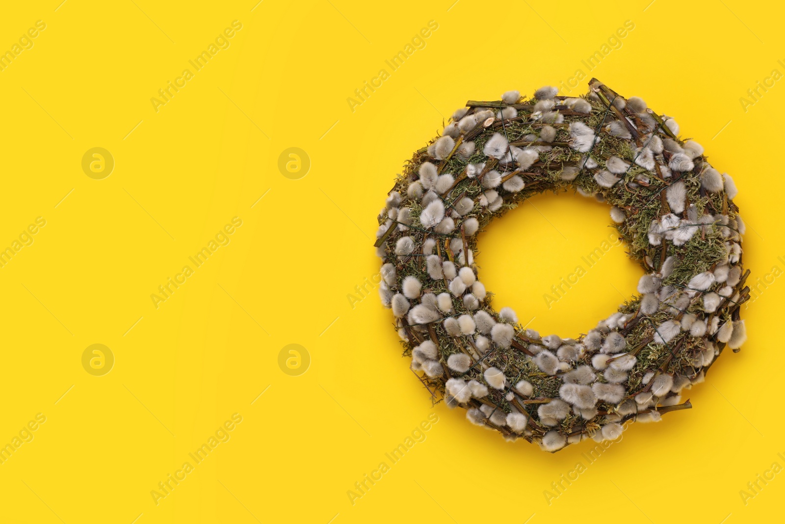 Photo of Wreath made of beautiful willow flowers on yellow background, top view. Space for text