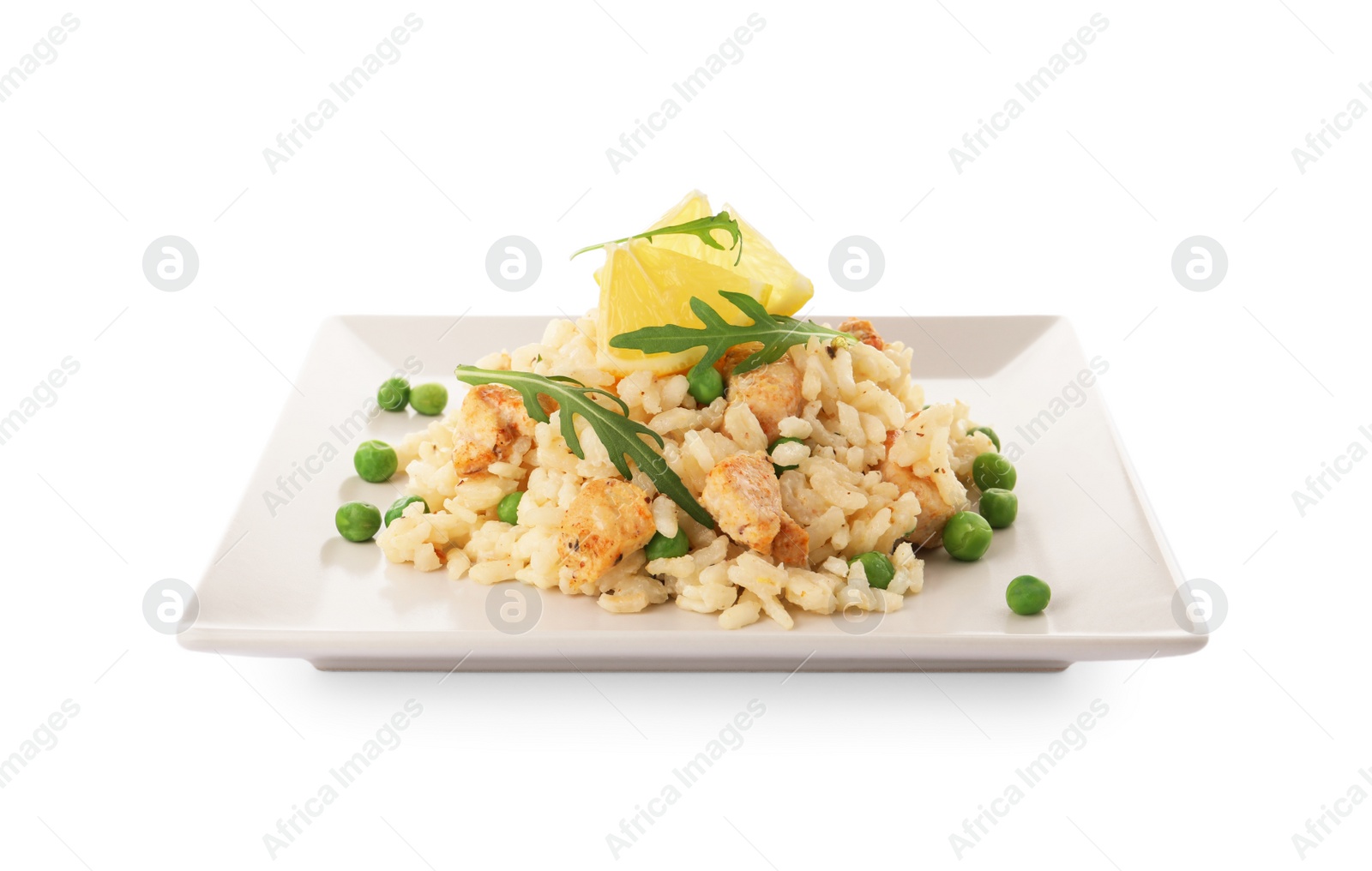 Photo of Delicious chicken risotto with lemon slices isolated on white