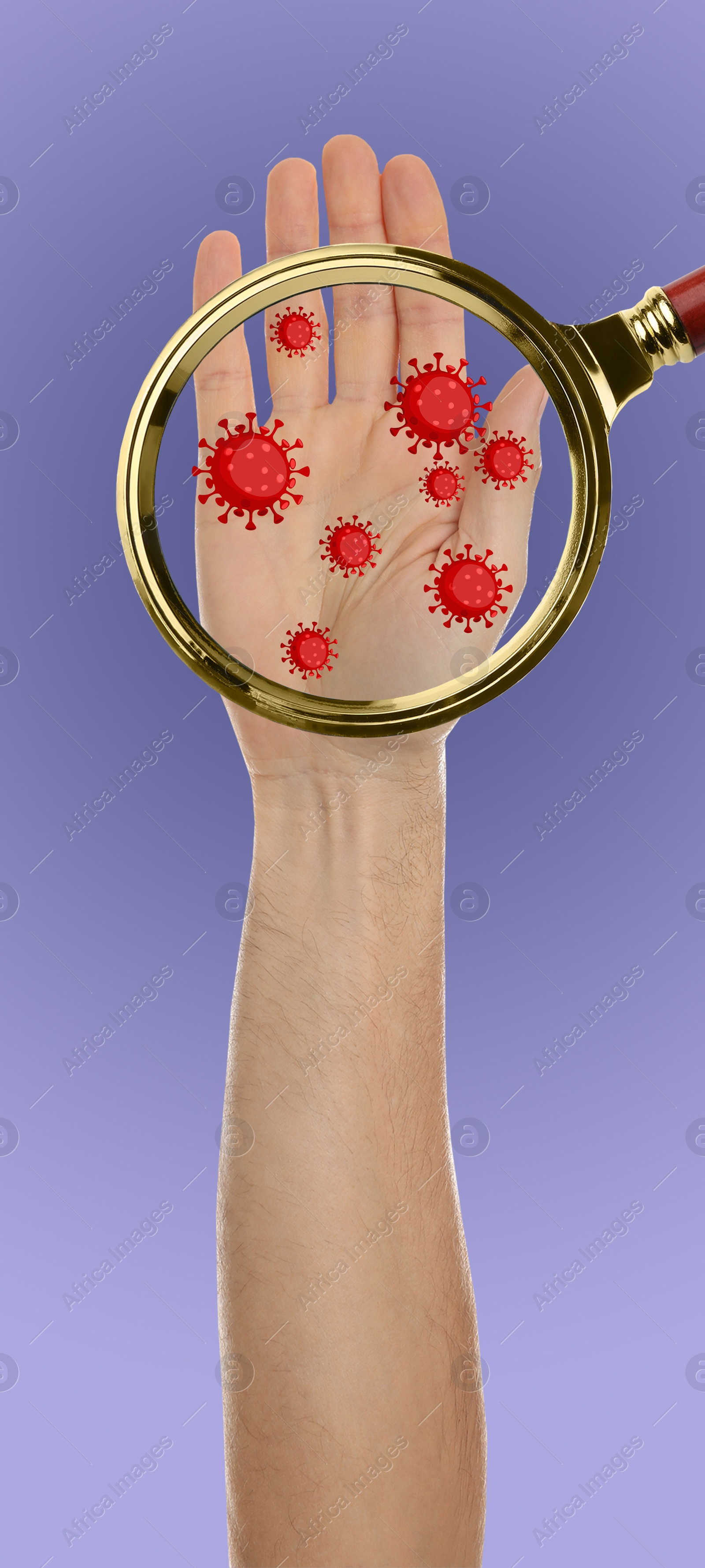 Image of Detecting bacteria with magnifying glass on lilac background, closeup. Prevention disease