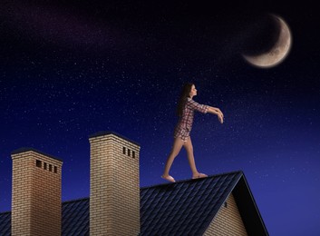 Sleepwalker wearing pajamas on roof in night