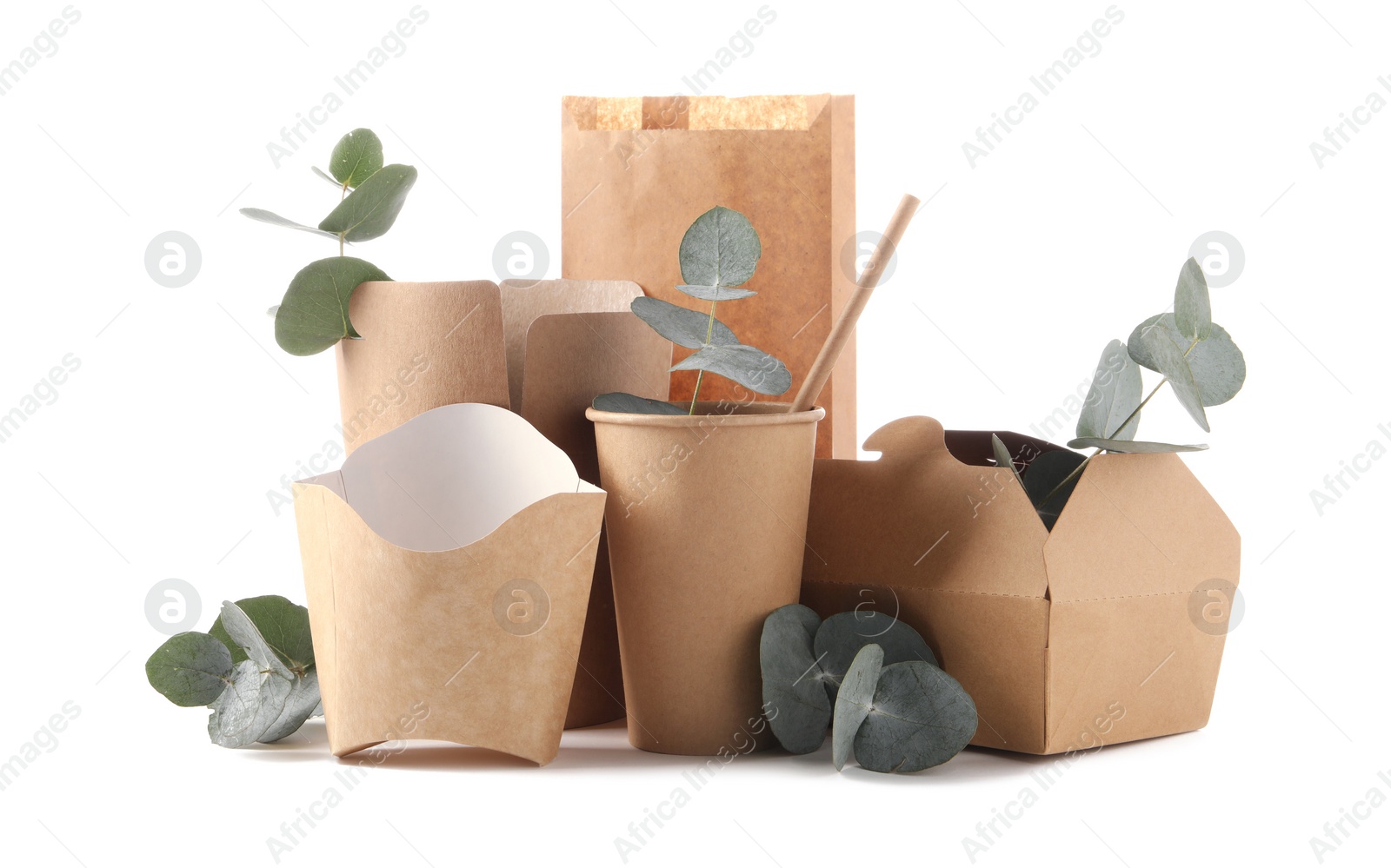 Photo of Eco friendly packaging. Disposable food containers, paper bag and eucalyptus leaves isolated on white