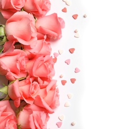 Beautiful roses and little hearts on white background