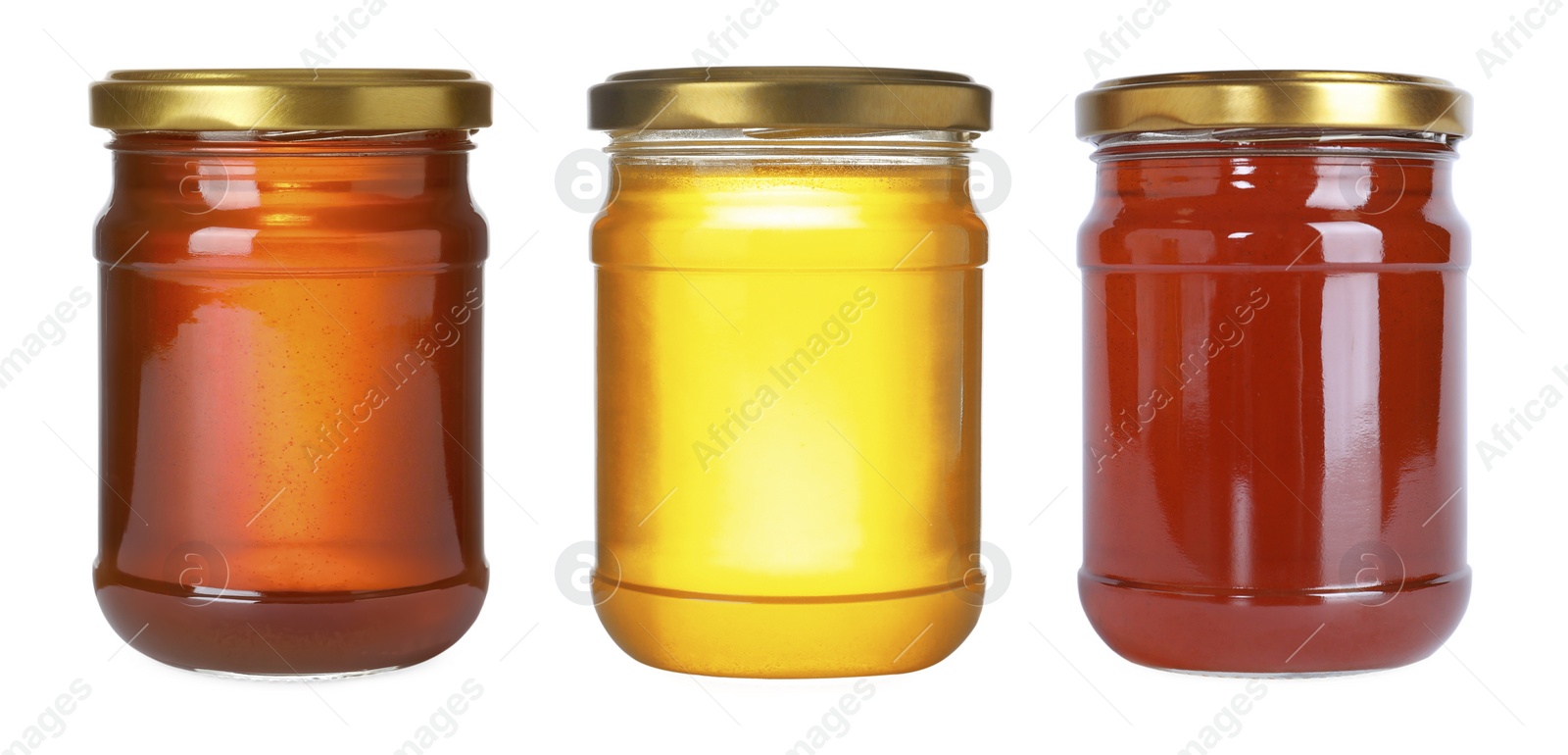 Image of Set of different jars with organic honey on white background