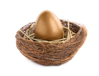 Photo of One golden egg in nest on white background