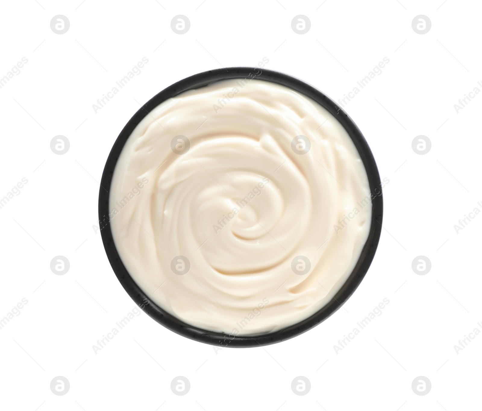 Photo of Bowl with tasty mayonnaise isolated on white, top view