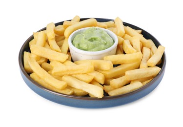 Photo of Plate with delicious french fries and avocado dip isolated on white