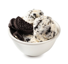 Photo of Bowl of chocolate cookies ice cream on white background