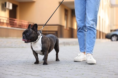 Woman walking with cute French Bulldog outdoors, closeup