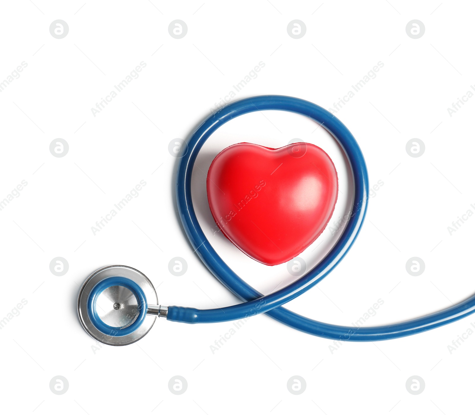 Photo of Stethoscope and heart model on light background, top view. Medical equipment