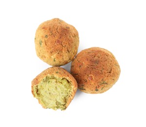 Photo of Delicious falafel balls on white background, top view