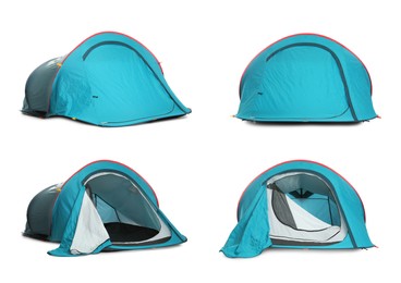 Image of Light blue camping tents on white background, collage