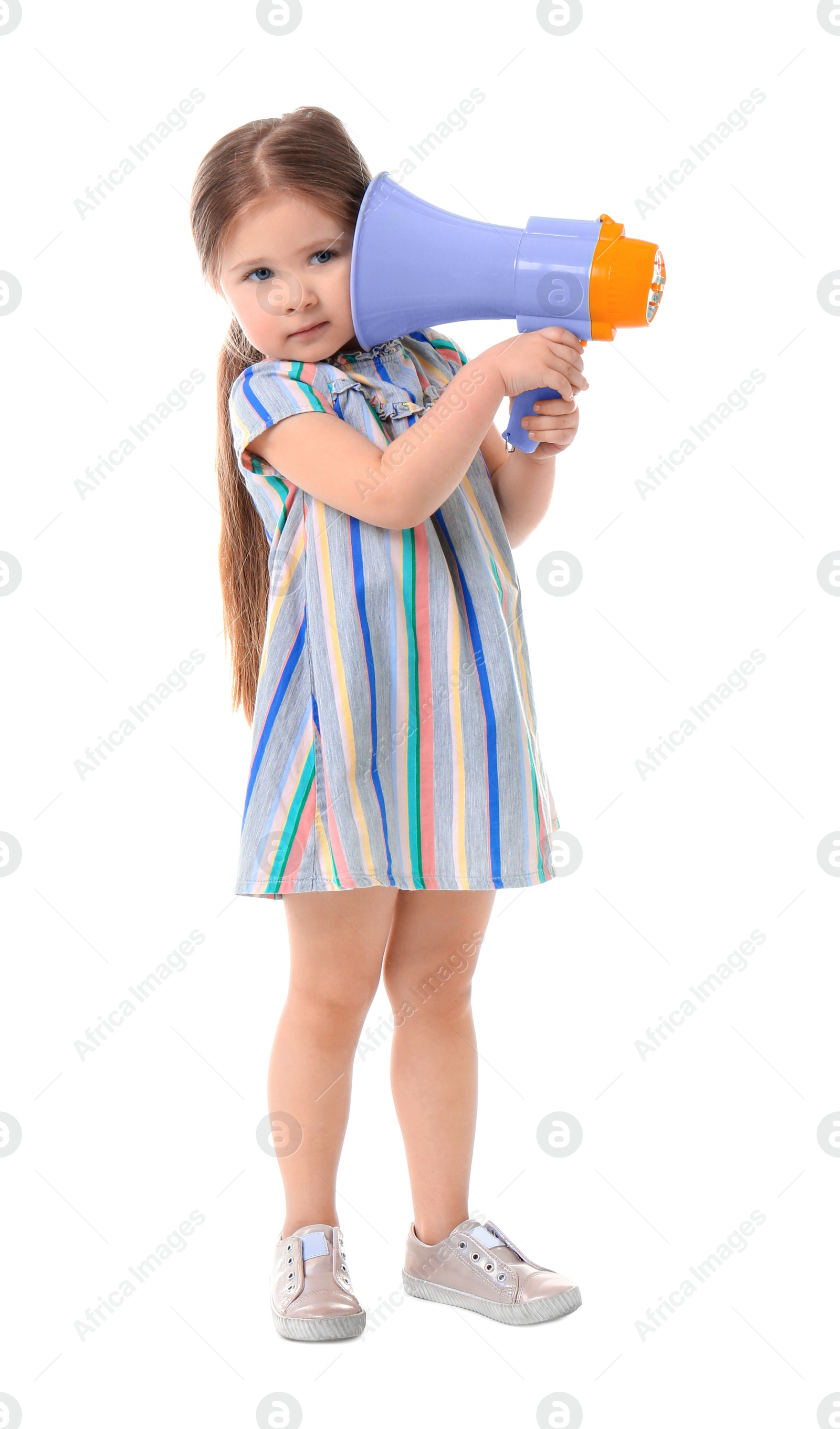 Photo of Adorable little girl with megaphone on white background