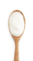 Photo of One wooden spoon with mayonnaise isolated on white, top view