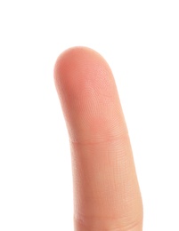 Photo of Man scanning fingerprint on white background, closeup