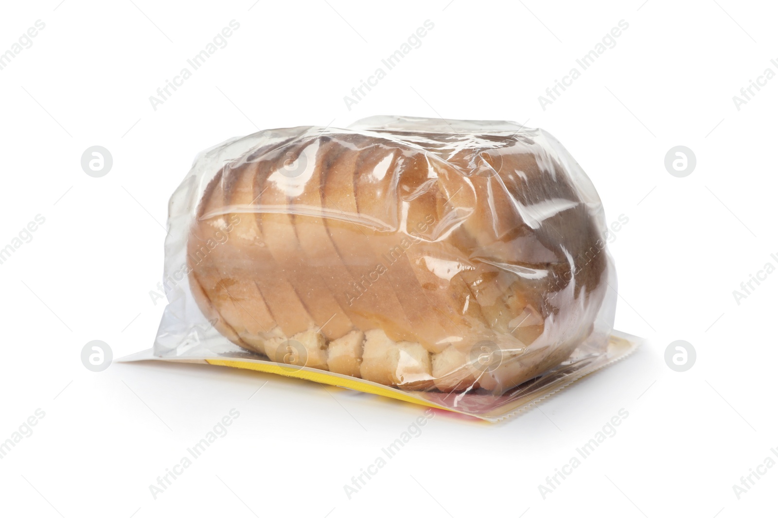 Photo of Sliced loaf of wheat bread in plastic bag isolated on white