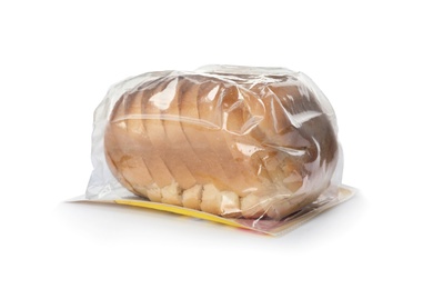 Sliced loaf of wheat bread in plastic bag isolated on white