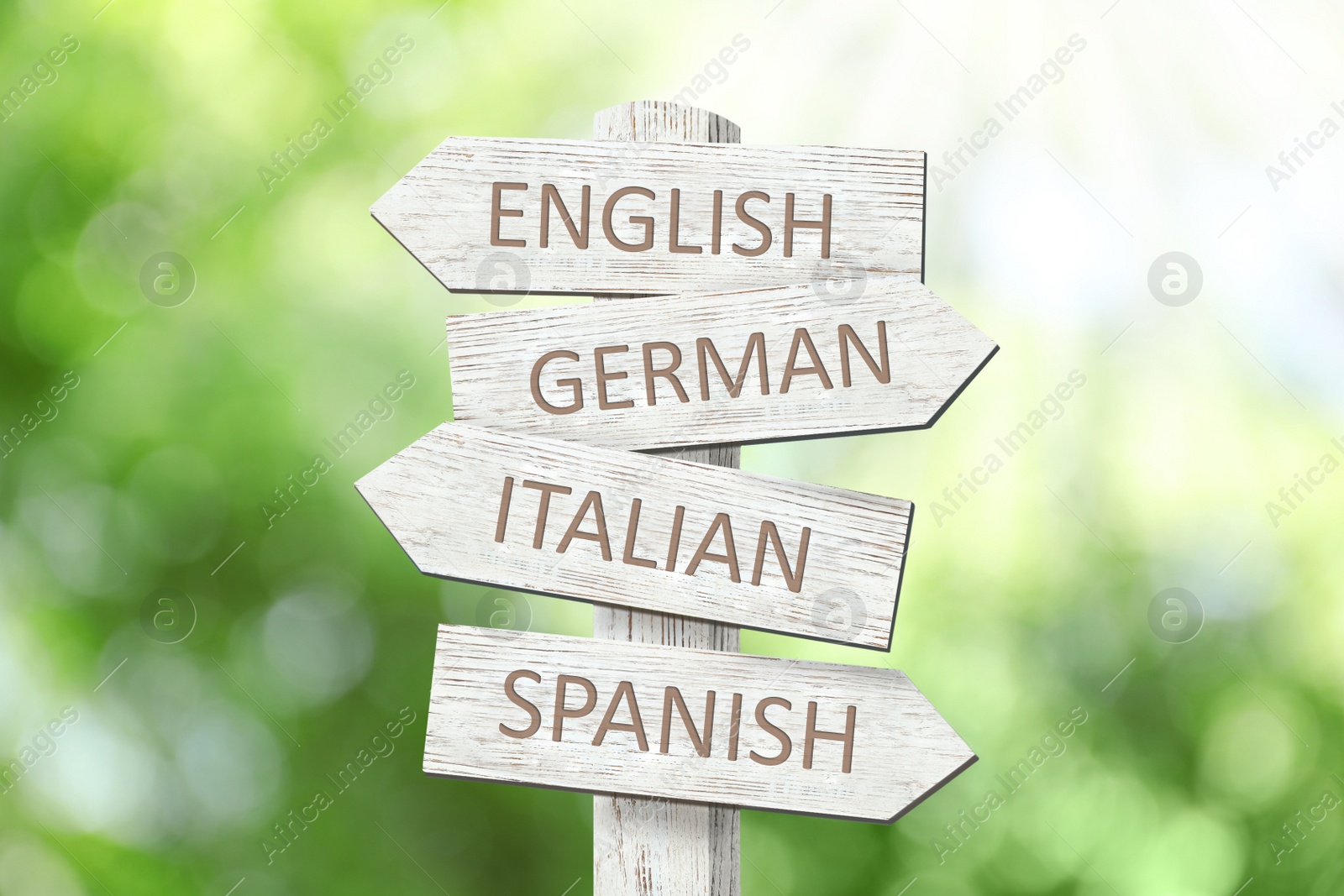 Image of Wooden signpost with names of different languages outdoors