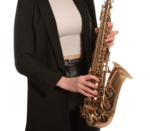 Photo of Woman in elegant suit with saxophone on white background, closeup