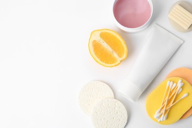 Lemon face wash. Fresh citrus fruits and personal care products on white background, flat lay. Space for text