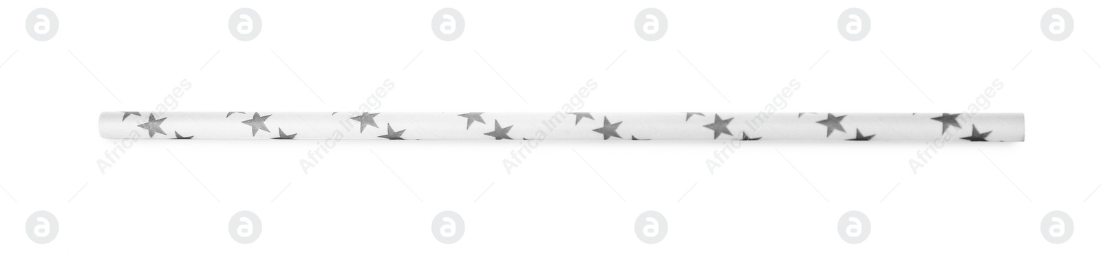 Photo of One paper straw with light grey stars for drinking isolated on white