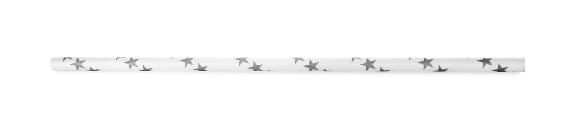 Photo of One paper straw with light grey stars for drinking isolated on white