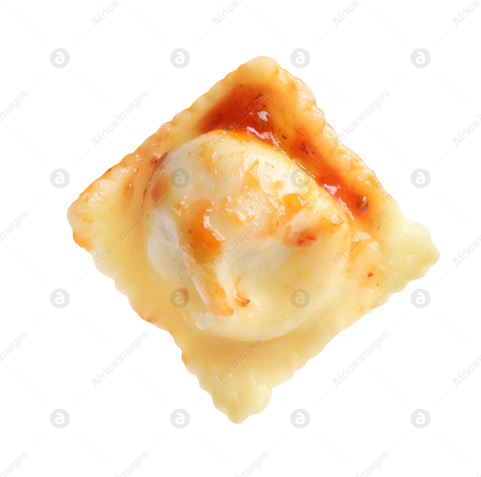 Photo of Tasty ravioli with tomato sauce isolated on white
