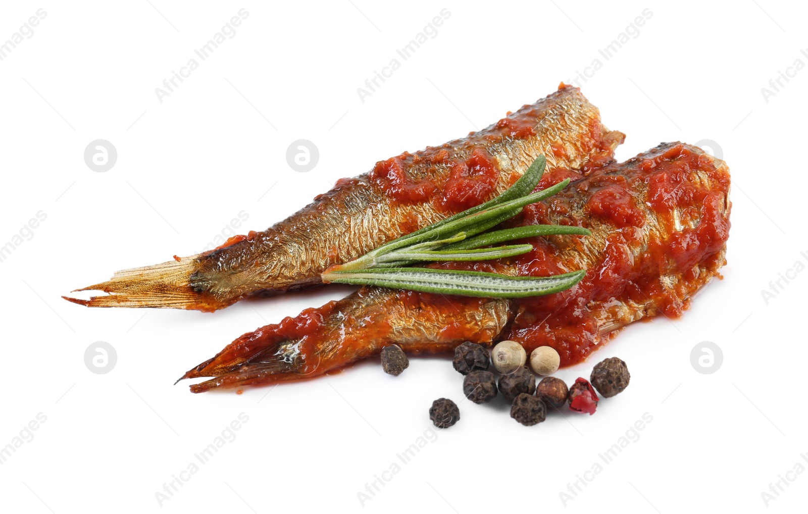 Photo of Tasty canned sprats with tomato sauce, peppercorns and rosemary isolated on white