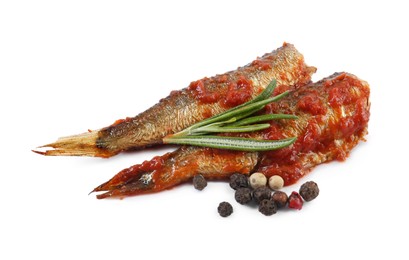 Photo of Tasty canned sprats with tomato sauce, peppercorns and rosemary isolated on white