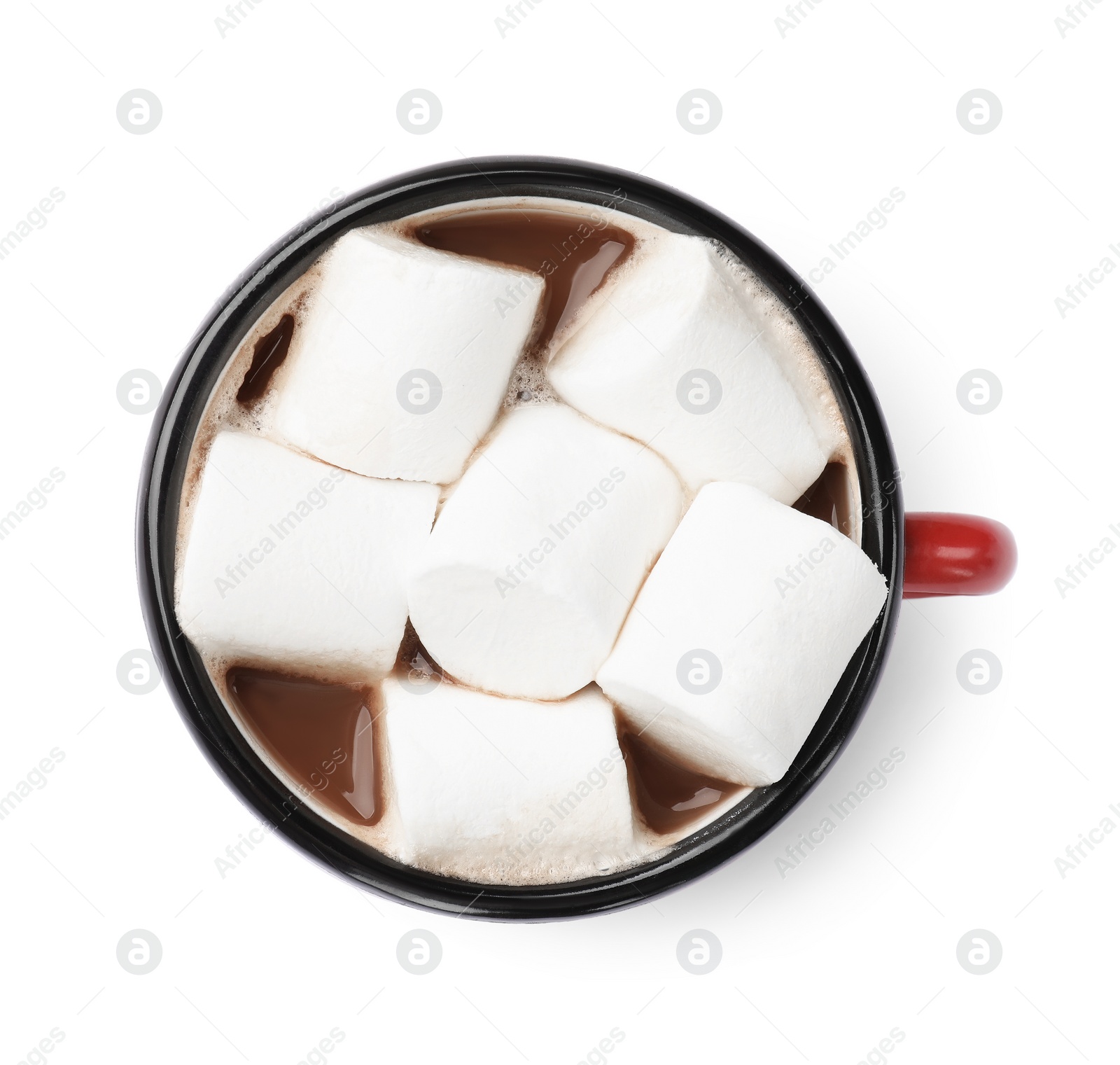 Photo of Tasty hot chocolate with marshmallows isolated on white, top view