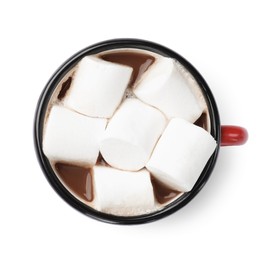 Photo of Tasty hot chocolate with marshmallows isolated on white, top view