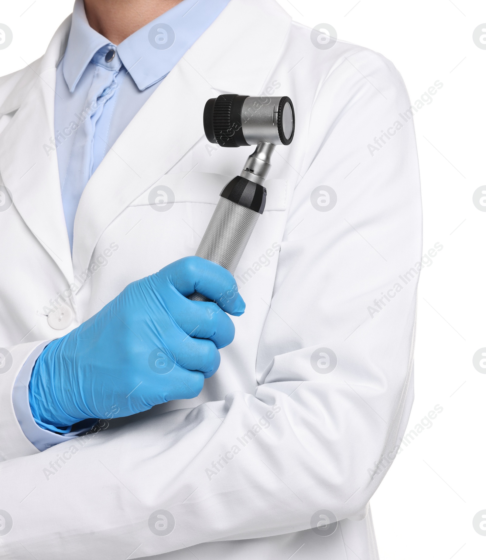 Photo of Dermatologist with dermatoscope isolated on white, closeup