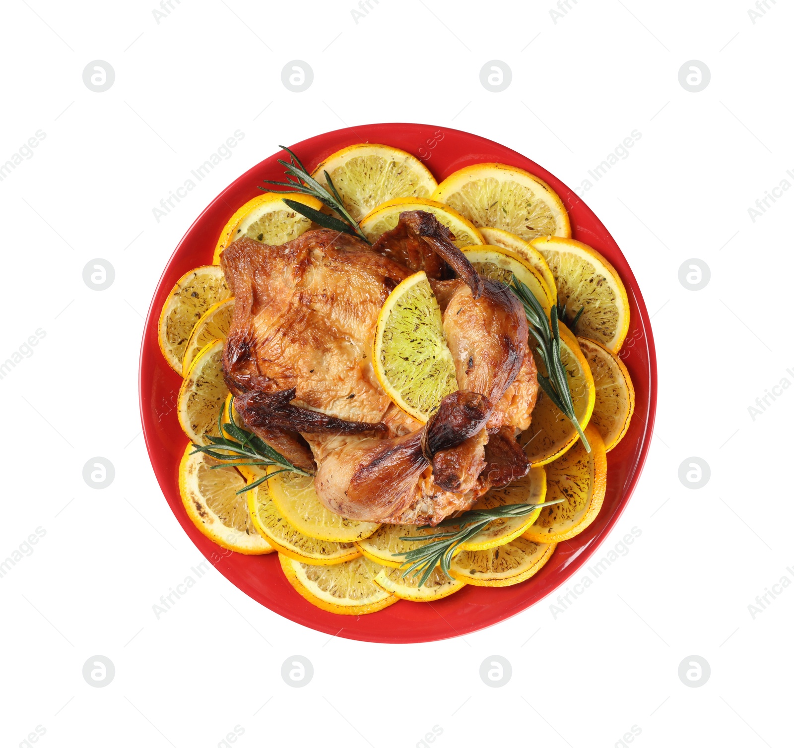 Photo of Chicken with orange slices isolated on white, top view