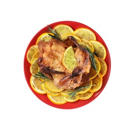 Photo of Chicken with orange slices isolated on white, top view