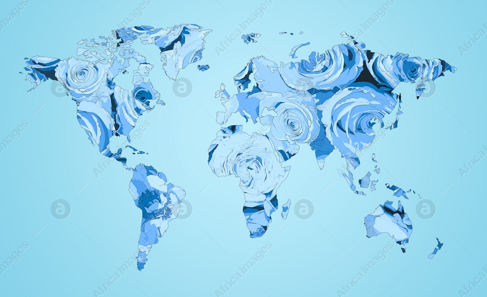 Image of World map made of beautiful flowers on light blue background, banner design