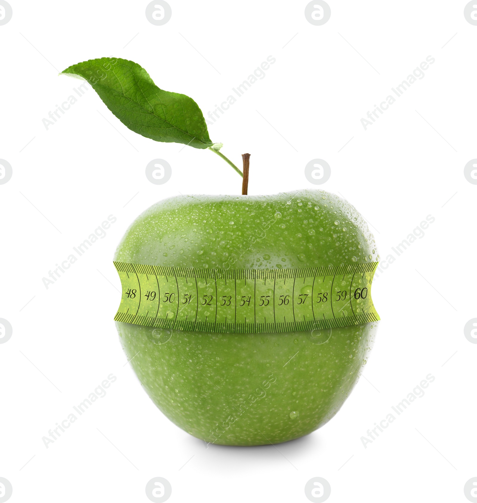 Image of Green apple with measuring tape on white background. Slimming, weight loss concept