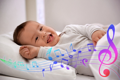 Image of Flying music notes and cute little baby lying in comfortable crib. Lullaby songs