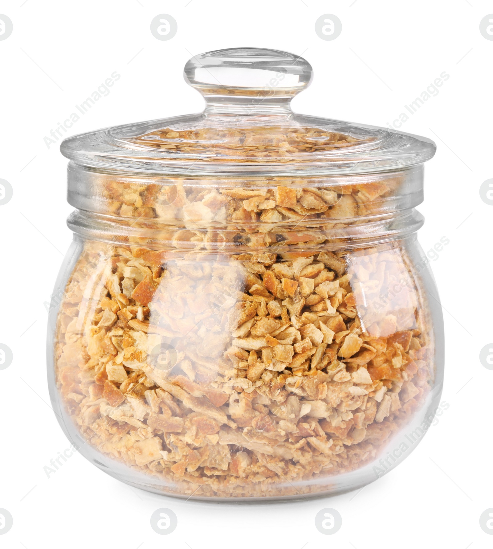 Photo of Dried orange zest seasoning in jar isolated on white