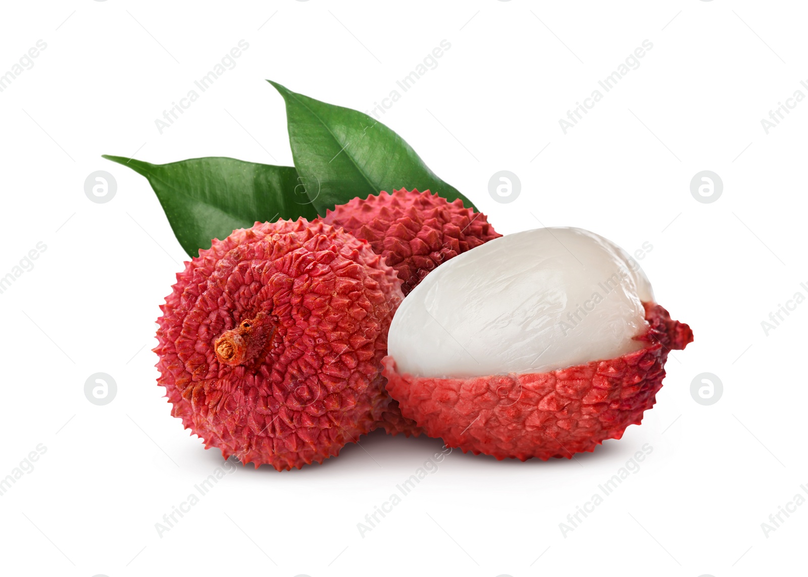 Image of Fresh lychees and green leaves isolated on white