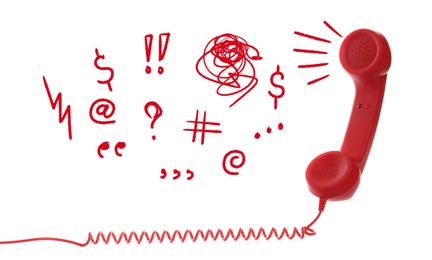 Image of Complaint. Red corded telephone handset and different illustrations on white background